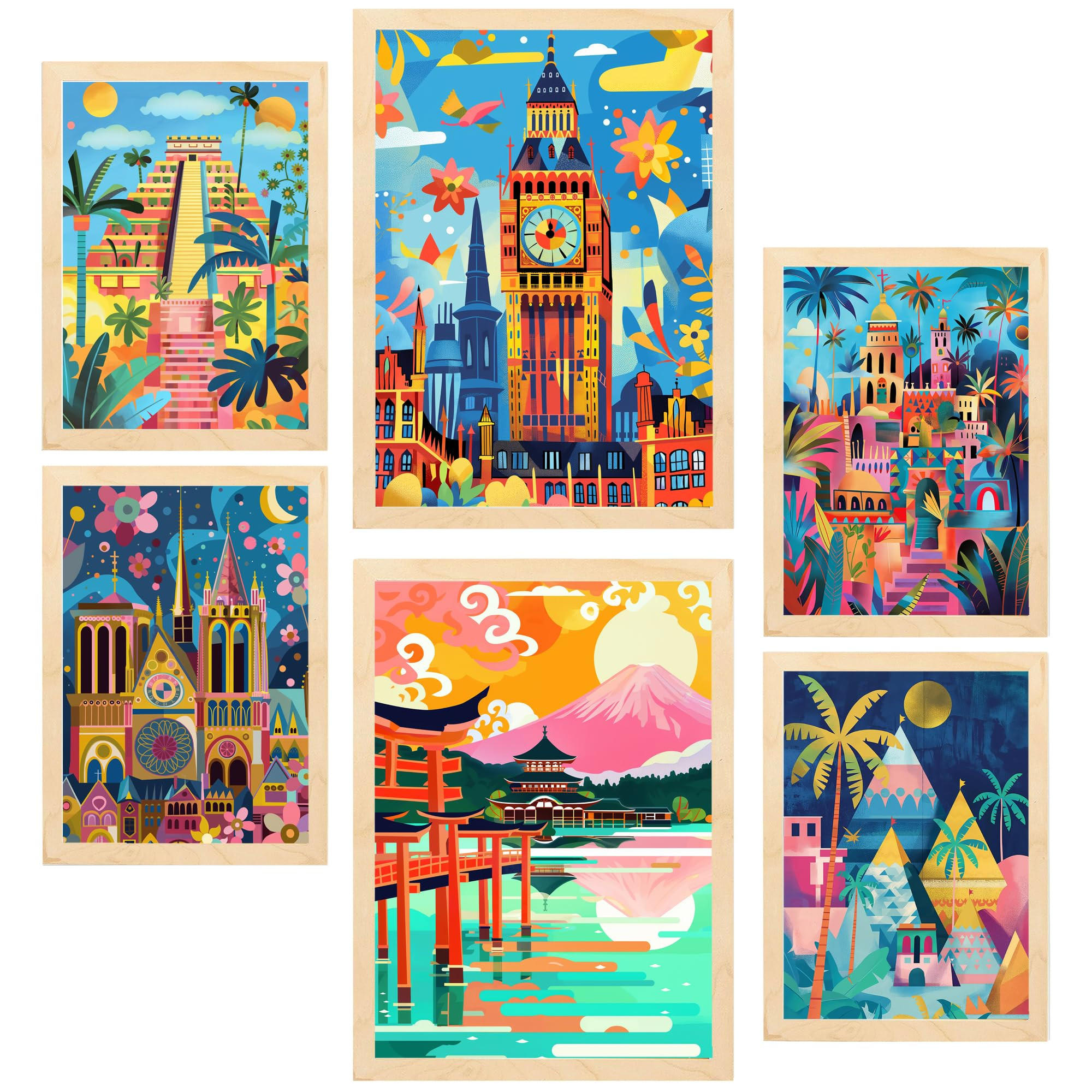 POSTER Set Mit 6 Von Mary Blair Inspirierte Luxor Big Ben Ägypten Chichen Itza Notre Dame Itsukushim A3 & A4 Rahmen Aus Hellem Holz - Beige, Papier (29/3cm) - Nacnic