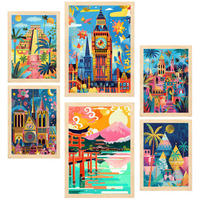 POSTER Set Mit 6 Von Mary Blair Inspirierte Luxor Big Ben Ägypten Chichen Itza Notre Dame Itsukushim A3 & A4 Rahmen Aus Hellem Holz - Beige, Papier (29/3cm) - Nacnic