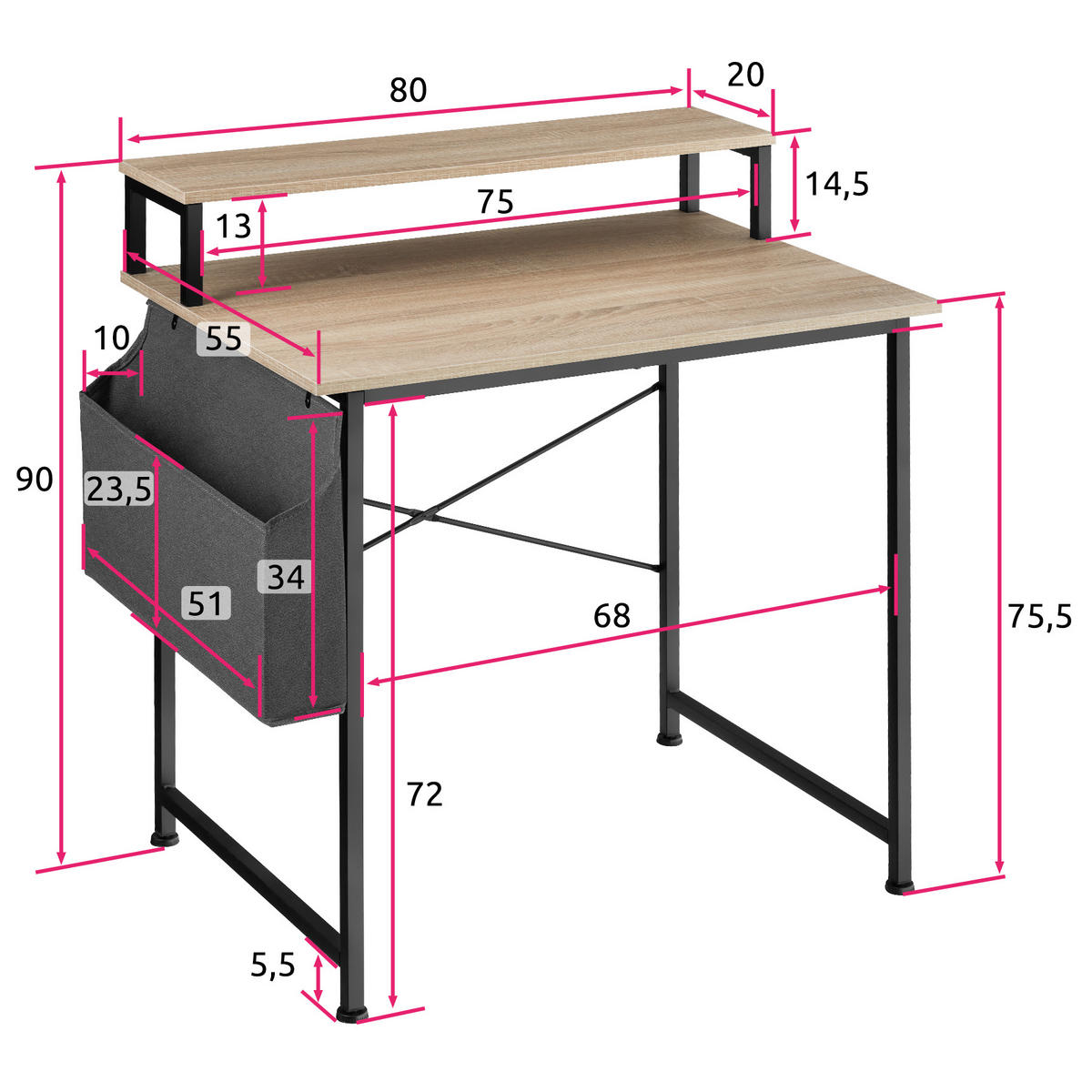 SCHREIBTISCH Everett, 80 x 55 x 90 cm, Industrial Holz hell, Eiche Sonoma - Naturfarben, Holzwerkstoff (55/80/90cm) - tectake