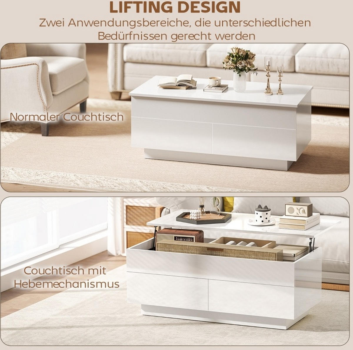 KONFERENČNÍ stolek 102/48/40 cm lesklá bílá z dřeva a kovu se zvedací deskou a zásuvkami - bílá, dřevo (102/48/54.5cm) - OKWISH