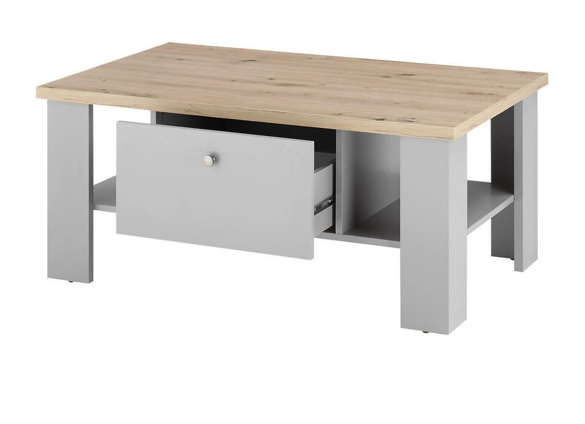 COUCHTISCH grau, Artisan Eiche Landhaus 107 x 67 cm, Beistelltisch mit Schubkästen - Silberfarben/Hellgrau, Holzwerkstoff/Metall (107/67/46cm) - Furn.Design