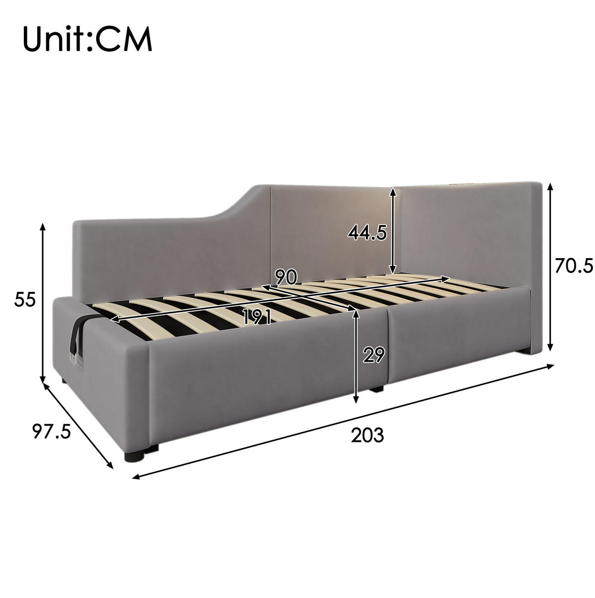 TAGESBETT 90/190 cm Grau mit hydraulischem Stauraum und USB-C-Ladefunktion - Grau, Textil (90/190cm) - OKWISH