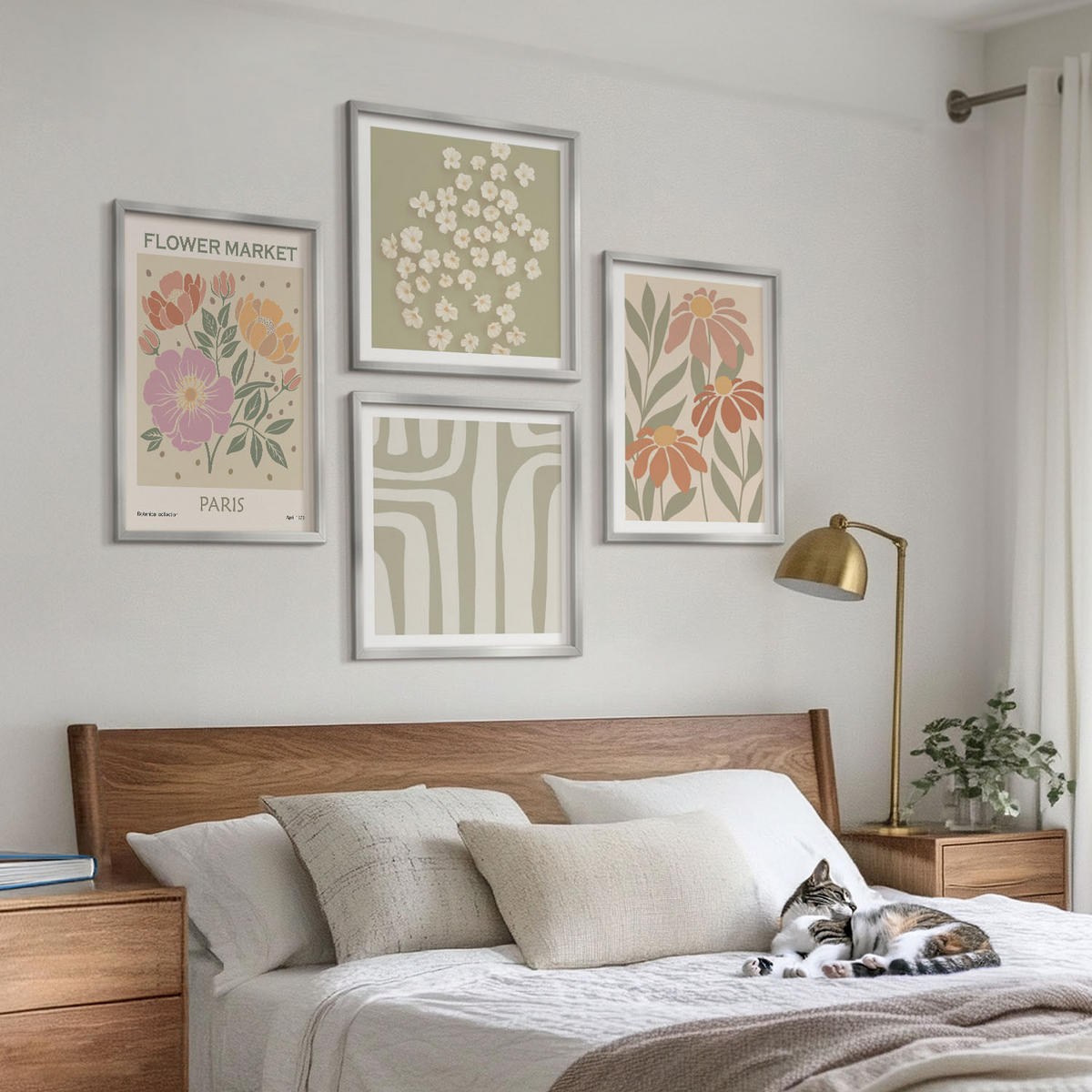 WANDBILDER 4er Set - 50x50 cm & 40x60 cm Silberner Rahmen - Botanische Motive, Pariser Minimalismus - Silberfarben, Kunststoff (50/50cm) - ArtPrintCave