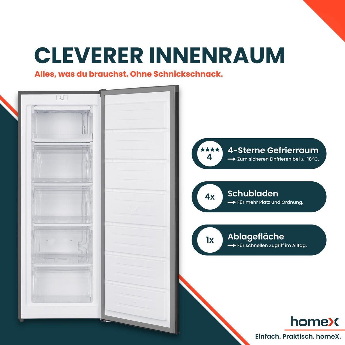 GEFRIERSCHRANK FS1682E-S groß - 168L Nutzinhalt, 4-Sterne Gefrieren, Freezer, leise 37 dB, silber - Silberfarben, Kunststoff/Metall (54.5/142.5/57.5cm) - homeX