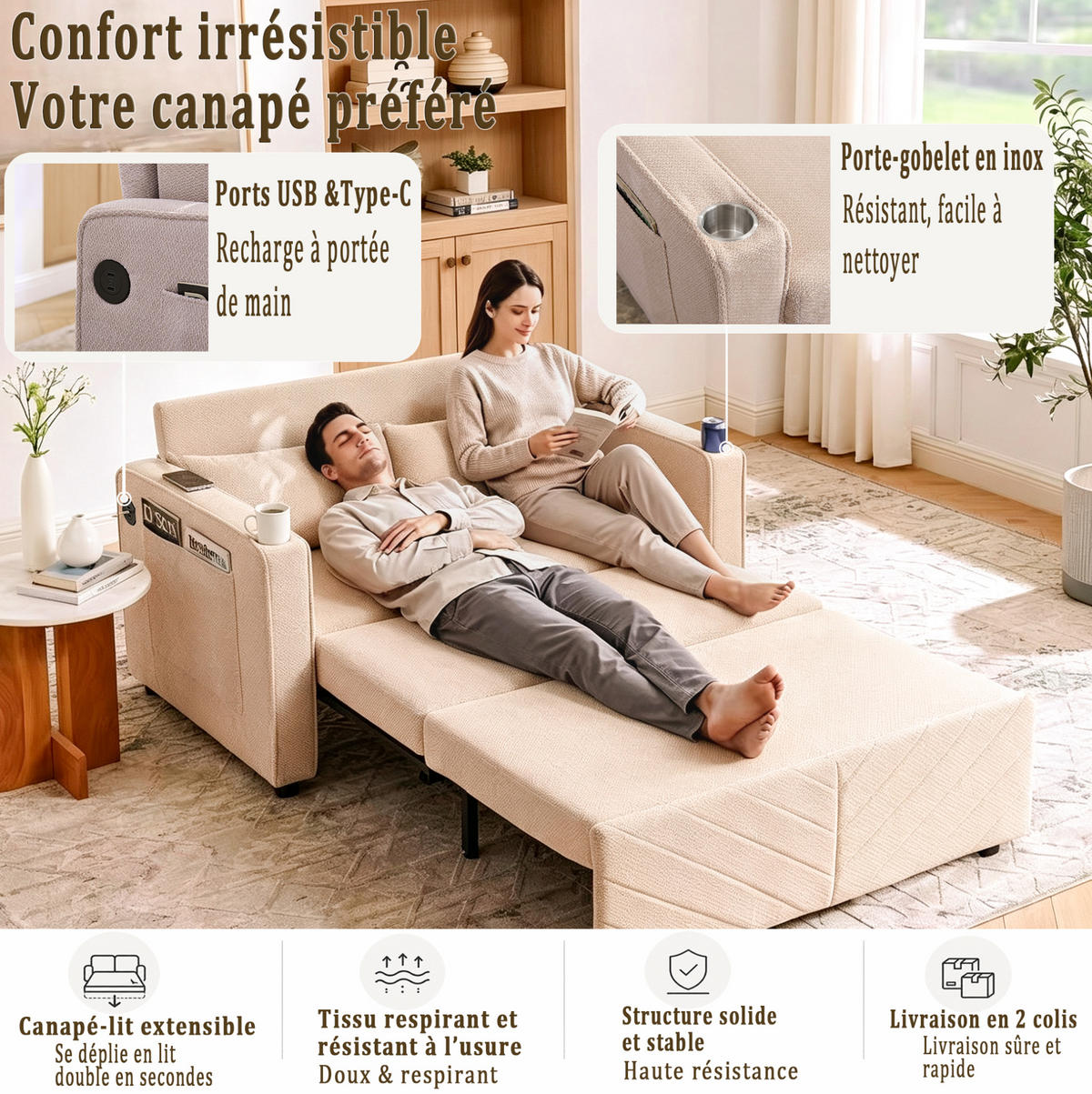SCHLAFSOFA aus Holz und Stoff mit USB-Anschluss und Ausziehfunktion Beige - Beige, Holz (134/73/195cm) - Modenvie