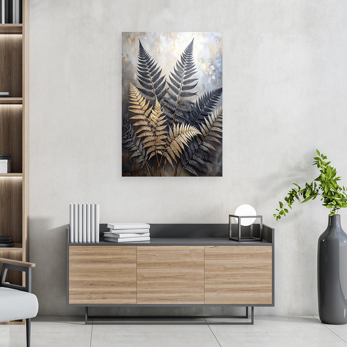 BILD auf Leinwand, Schwarz-goldene Farnblätter auf beigem Hintergrund - Schwarz, Textil (60/90cm) - Feeby