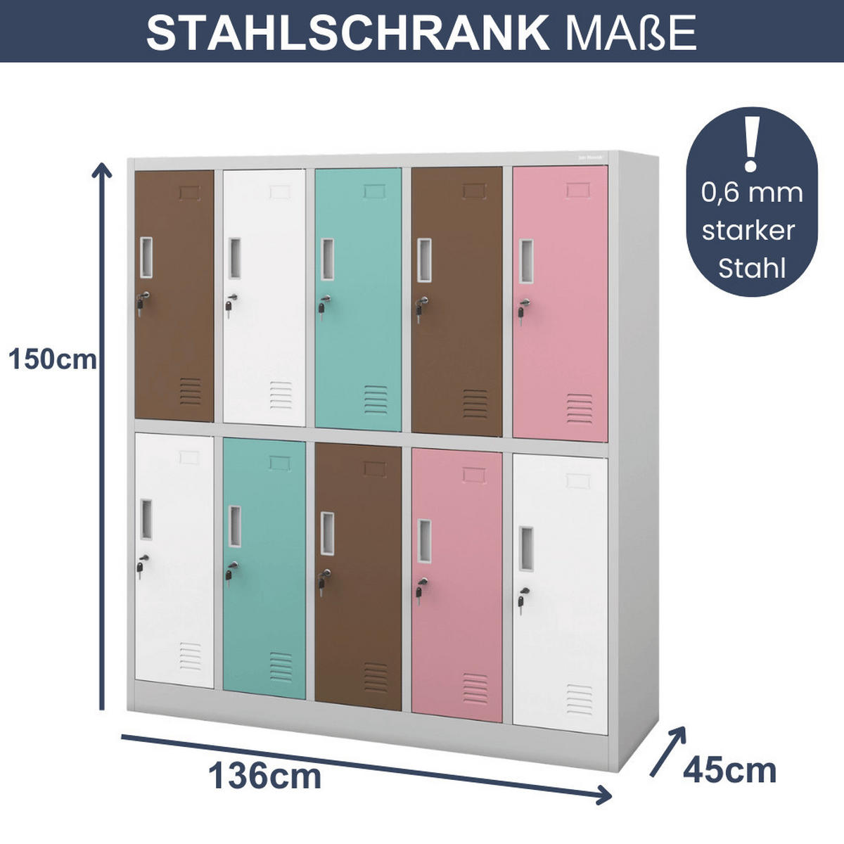 UMKLEIDESCHRANK Spind TOKIO 10 Abteile 150x136x45cm Pastellfarben - Multicolor, Metall (136/150/45cm) - DELUKE
