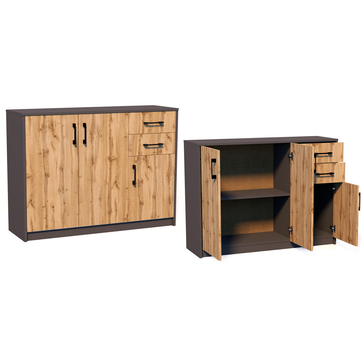 KOMMODE mit 2 Schubladen und 3 Türen - Graphitfarben, Holzwerkstoff (110/85/35cm) - Home Collective
