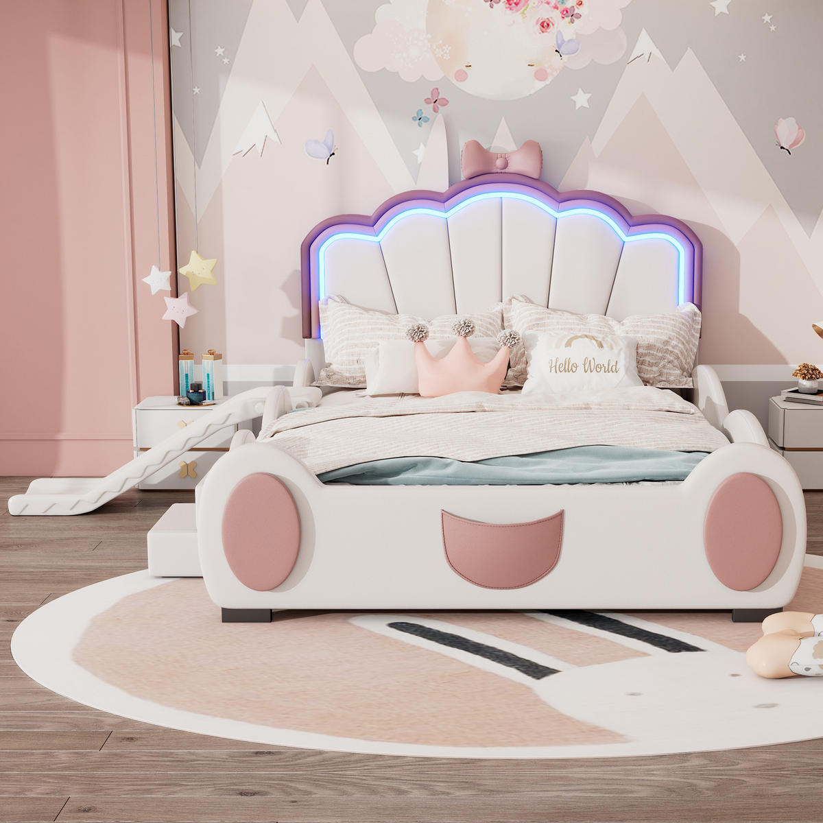 KINDERBETT 140x200cm Rosa + Weiß Cartoon Schmetterlingsbett LED Rutsche - Multicolor, Holz (140/200cm) - FLIEKS