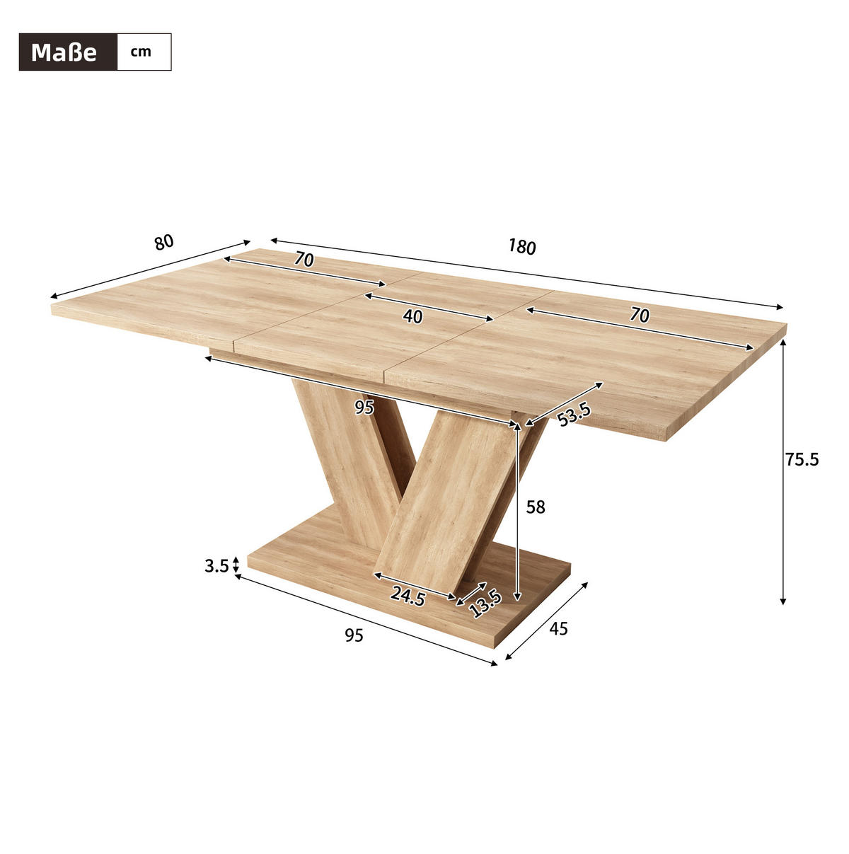 JÍDELNÍ stůl 140/180/80 cm dubový z MDF rozkládací s V-nohami - barva dubu, kompozitní dřevo (180/80/75.5cm) - OKWISH