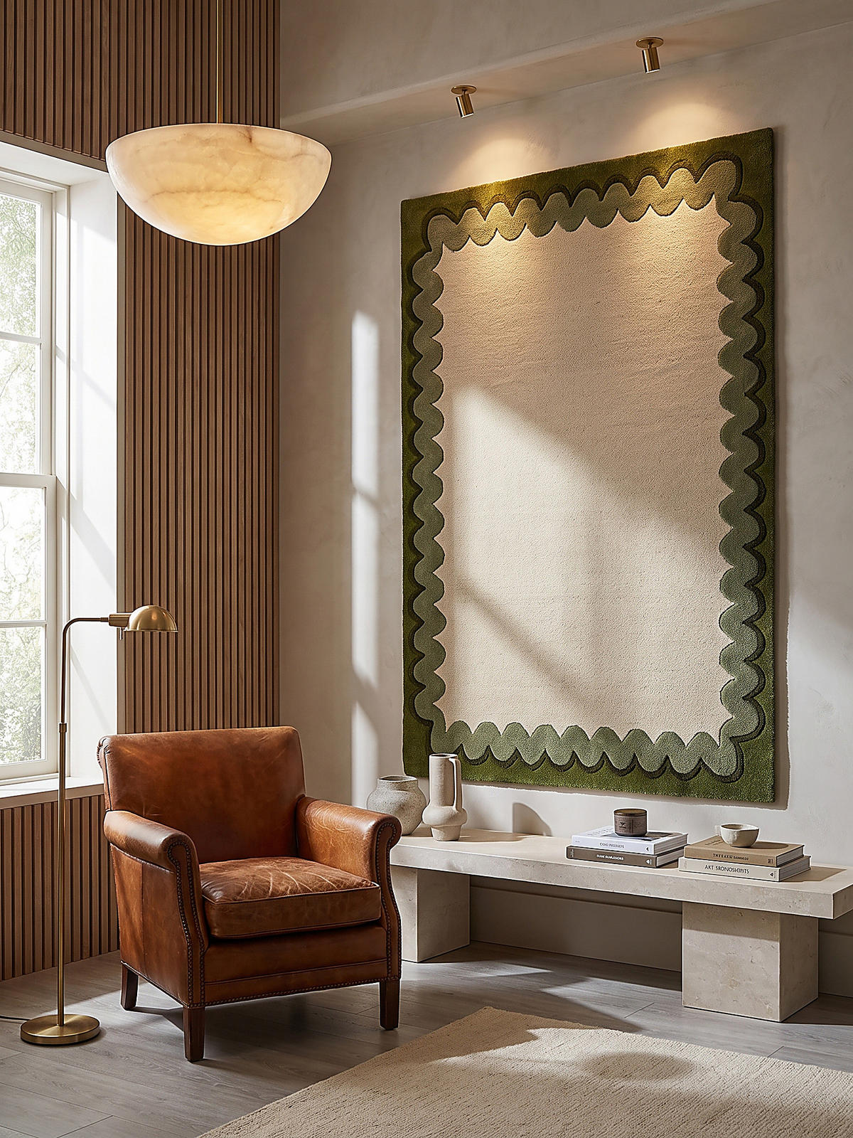 TEPPICH aus Wolle, handgetuftet, WAVENEY, in Olivgrün, Zickzack-Wellenbordüre, 140 x 200 cm - Grün, Textil (140/200cm) - KADIMA DESIGN