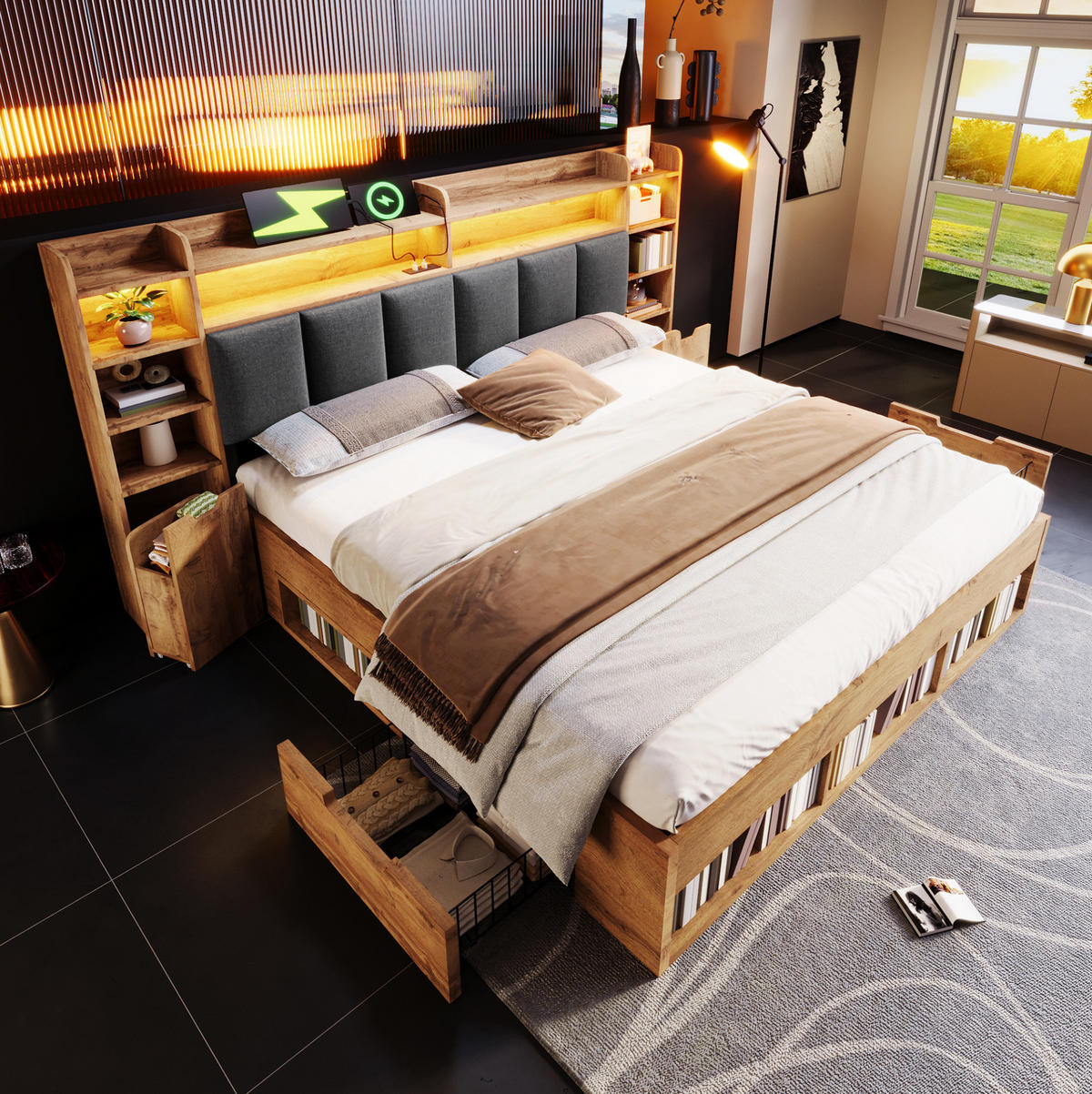 POLSTERBETT 160/200 cm Eichefarben mit LED-Beleuchtung, USB-Anschlüssen, Stauraum und Rollschubladen - Naturfarben, Holz (160/200cm) - OKMYHOME