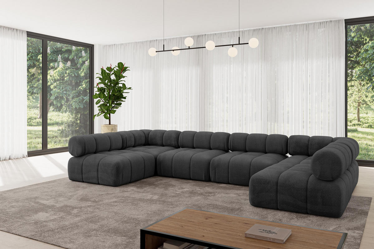 WOHNLANDSCHAFT modulares Sofa Garvo-U2 - 380x190x70 cm Schwarz Velours - Schwarz, Holzwerkstoff/Textil (380/70/190cm) - ALTDECOR