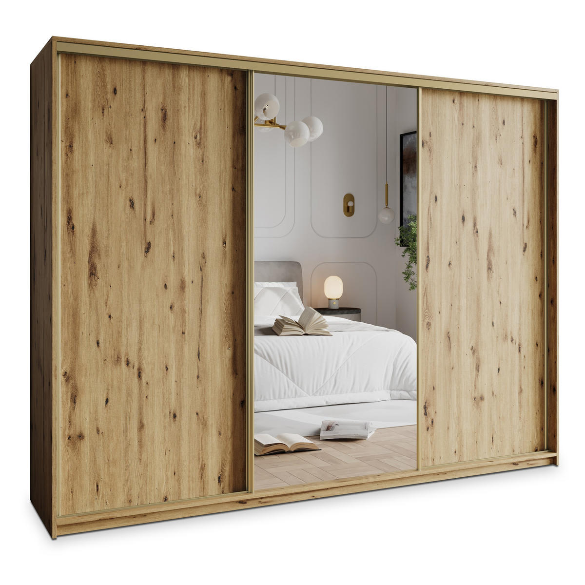 SCHWEBETÜRENSCHRANK TAVI 250/205/60 cm 3-türig mit Spiegel und Schubladen Eiche Artisan - Goldfarben/Eiche Artisan, Holzwerkstoff (250/205/60cm) - MASSENO