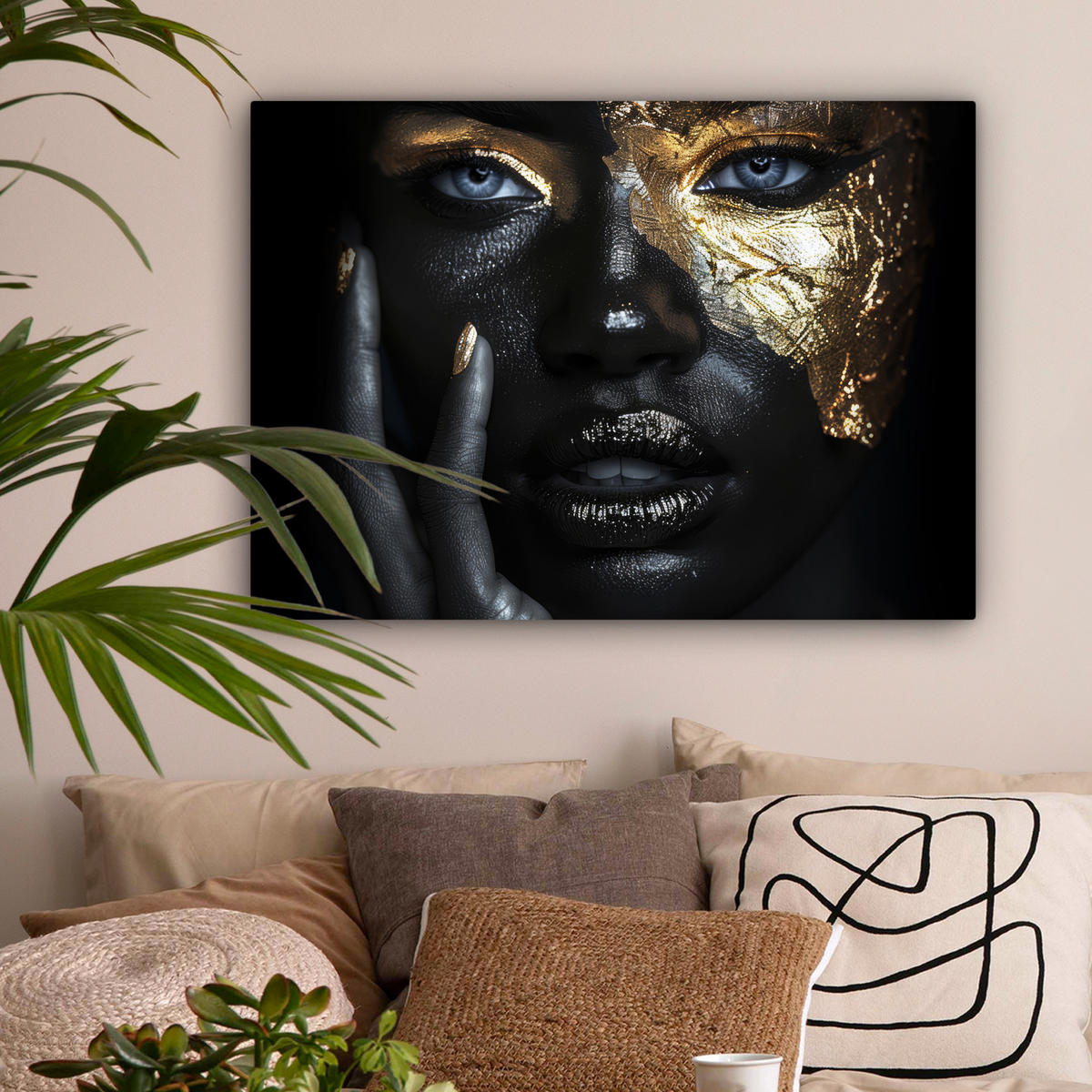 LEINWANDBILD Frau - Gold - Porträt - Schwarz-Weiß - Luxus Wandbilder 80x60 cm - Hellblau, Textil (80/60cm) - MuchoWow