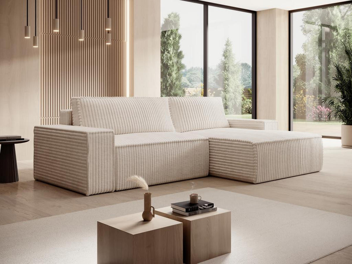 ECKSOFA mit Schlaffunktion - Ecke rechts - grob gerippter Cord - Beige - AMELIA - Beige, Textil (167/267cm) - Vente-Unique