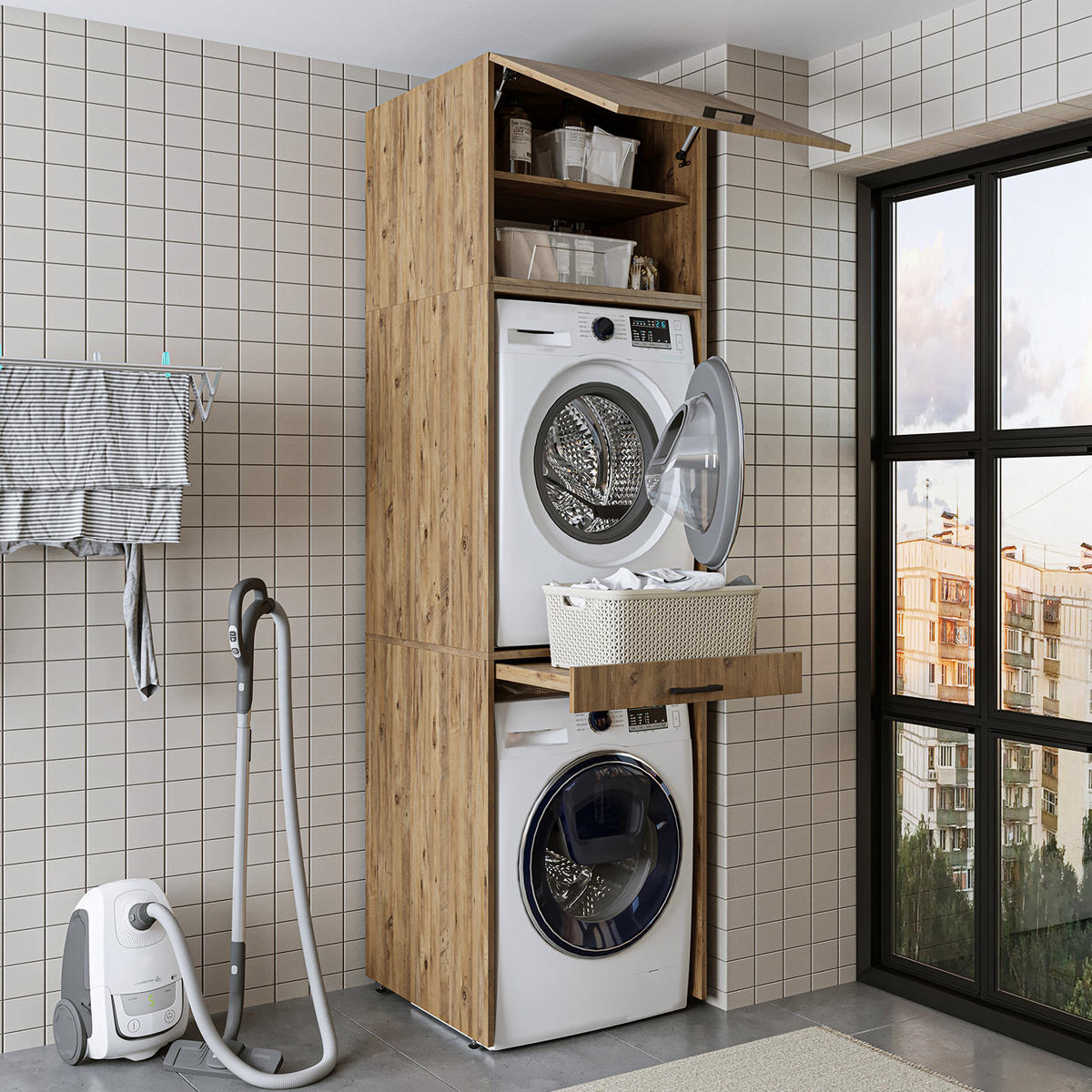WASCHMASCHINENSCHRANK DUO-I 67cm Breit, 240cm Hoch - Eichefarben, Holzwerkstoff (67/240/67cm)