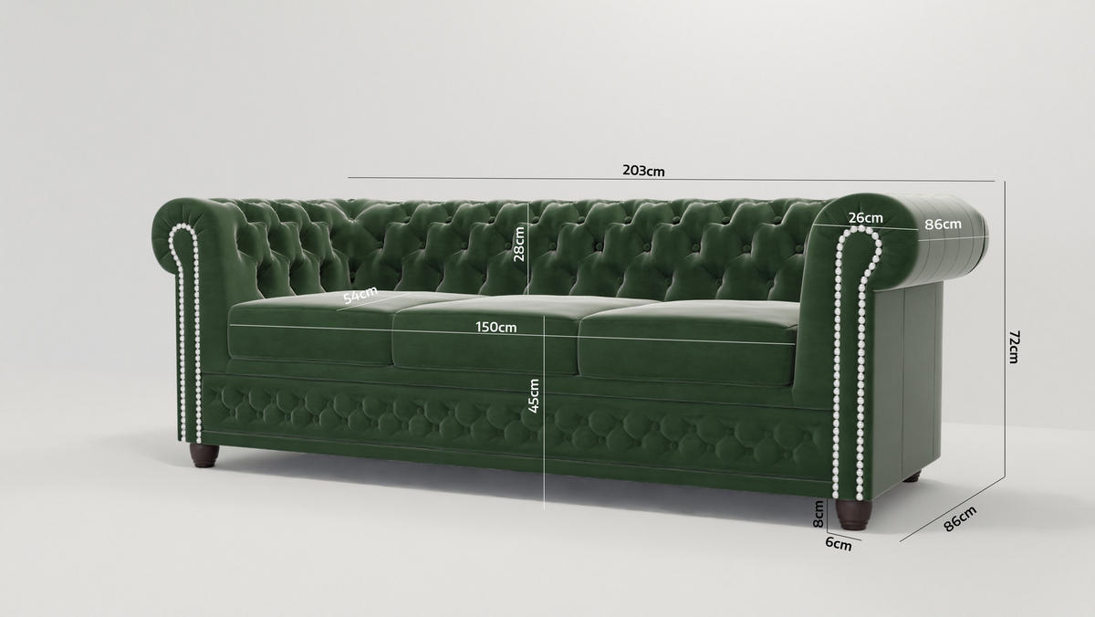 SITZGARNITUR mit Schlaffunktion 3+2+1 Chesterfield Nyx Flasche grün Samt - Smaragdgrün/Braun, Holz/Textil (203/72/86cm) - S-Style Möbel