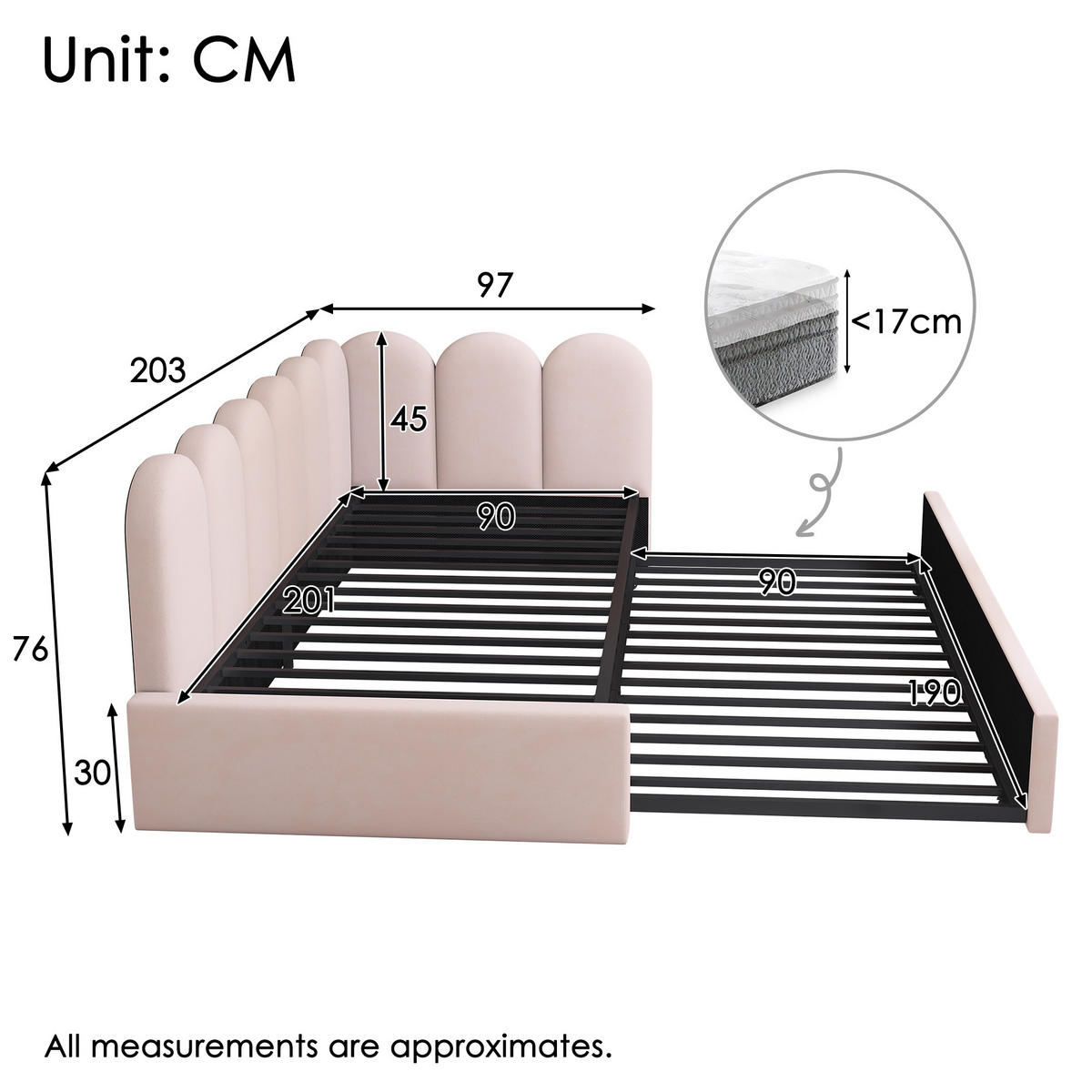 TAGESBETT mit Ausziehbett 90/190 cm Samt Rosa - Rosa, Textil (90/200cm) - OKWISH