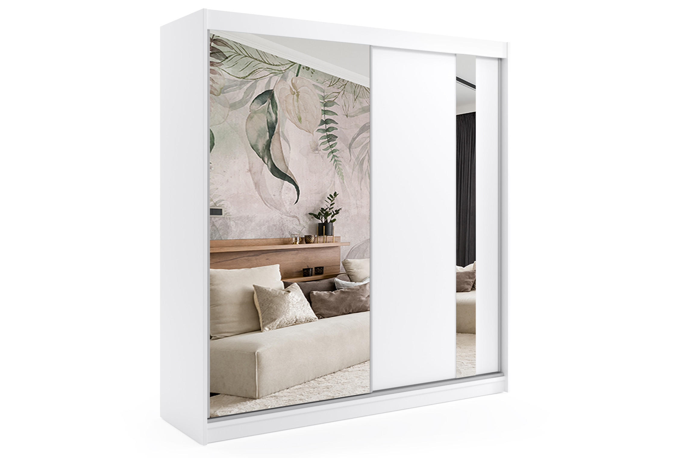 ALTDECOR ŠATNÍ SKŘÍŇ s posuvnými zrcadlovými dveřmi a hliníkovými lamelami, LED osvětlení – GRACE – 200 cm, bílá