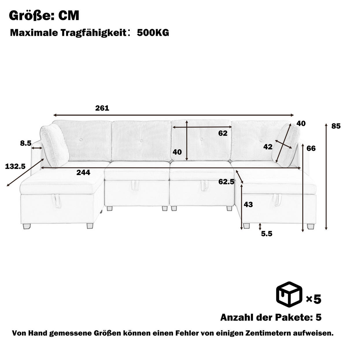 SOFA modular mit Stauraum ca. 261 x 132,5 cm Samt/Cord Antique Grey 6-teilig - Grau, Kunststoff (132.5/85/261cm) - Meubliv
