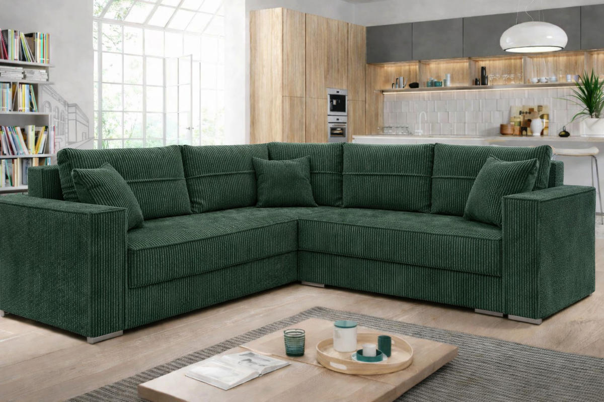 ECKSOFA PARIS – L-Form mit Schlaffunktion & Bettkasten Flauschiger Cord Stoff POSO Grün - Grün, Kunststoff (239/222cm) - Wohnideebilder