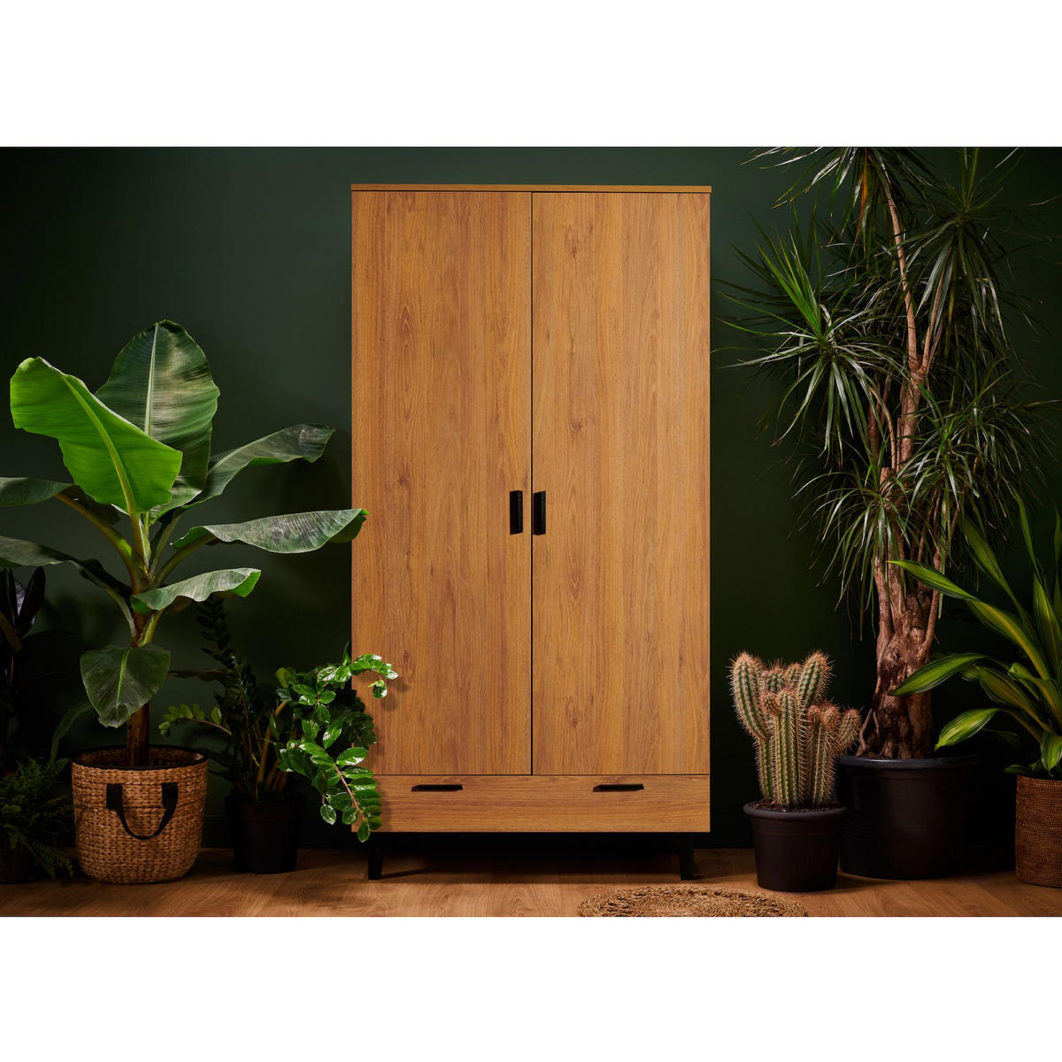 KLEIDERSCHRANK FRISK Skandinavischer Stil mit Schublade, braun - Schwarz/Braun, Eichenholz/Holzwerkstoff (100/195/58cm) - KONSIMO®