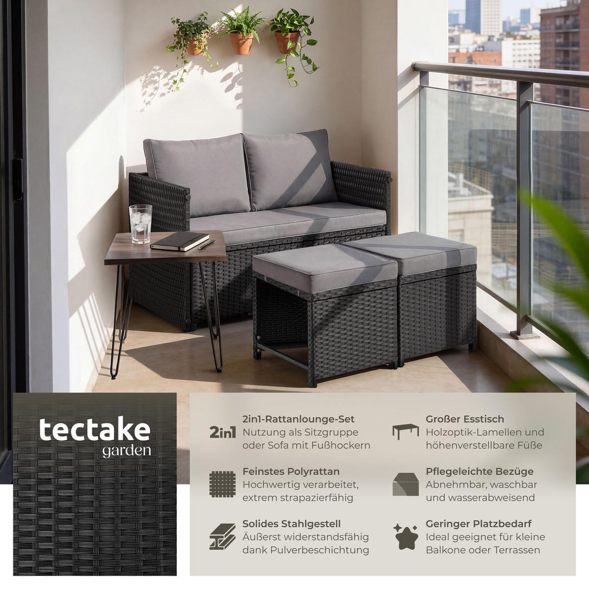 2-IN-1-RATTANLOUNGE-SET Monopoli, höhenverstellbare Tischfüße, schwarz - Schwarz, Kunststoff - tectake