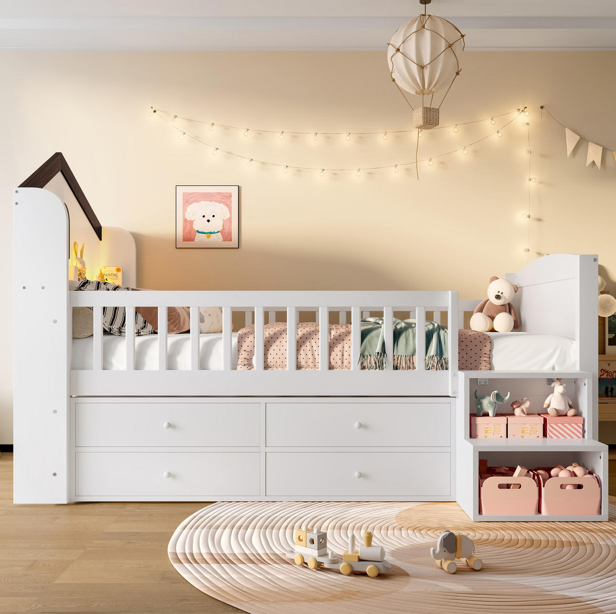 HALBHOHES Kinderbett 90/200 cm mit LED-Beleuchtung, 4 Schubladen, Regal-Leiter und Hausdesign aus Kiefernholz, Weiß - Weiß, Holz (90/200cm) - Redom