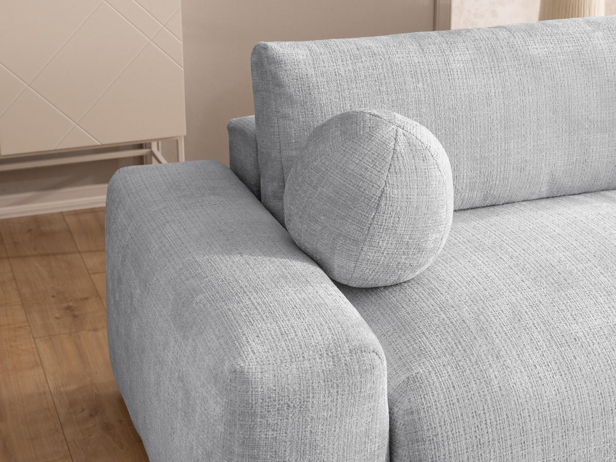 ECKSOFA Puffy mit Schlaffunktion und Bettkasten - besonders weich und puffig aus Hellgrau Chenille-Stoff - Ottomane rechts - Hellgrau/Schwarz, Holz/Kunststoff (266/138cm) - S-Style Möbel