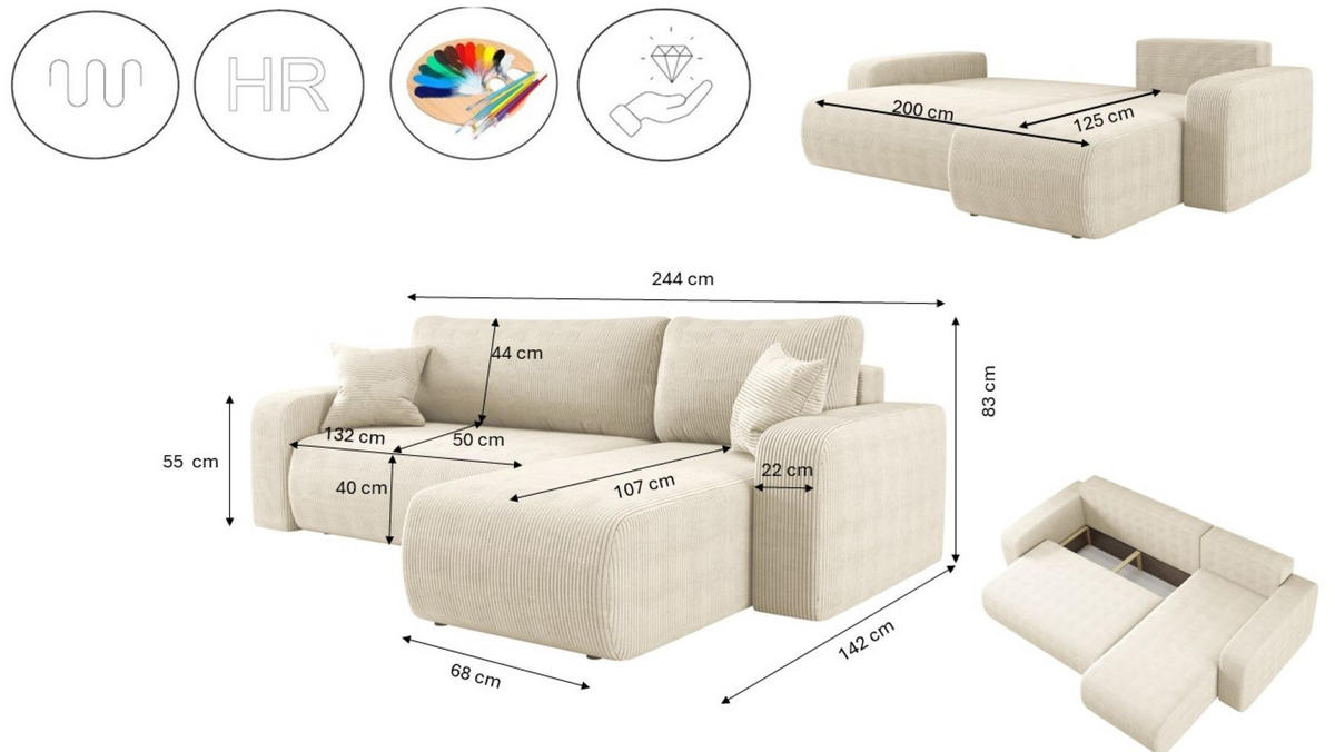 ECKSOFA L-FORM Schlaffunktion Und Bettkasten Eckcouch MILANO L Stoff Dicker Cord Ecru Rechts - Ecru, Holz/Textil (244/142cm) - Kaiser Möbel