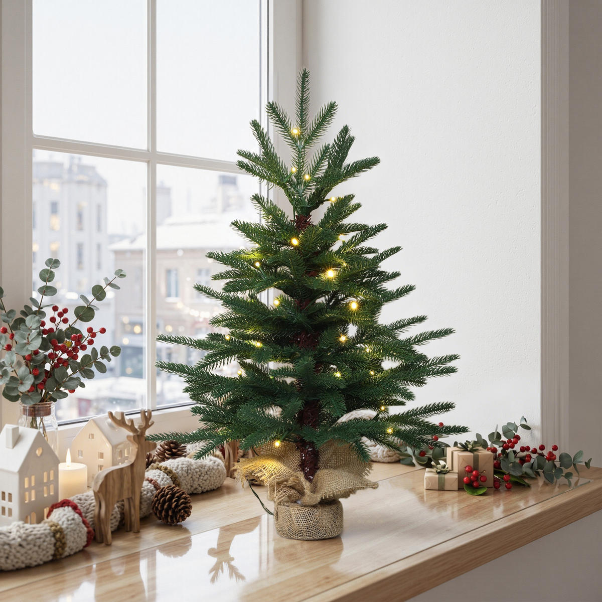 MINI Weihnachtsbaum 68 cm mit LED & Jutebasis - Grün, Kunststoff (43/68cm) - Hometopia