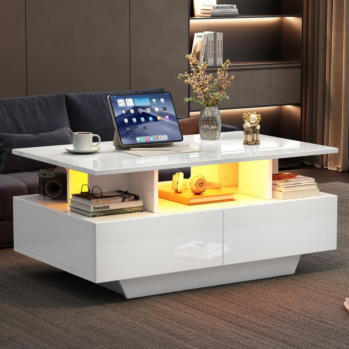 COUCHTISCH in Weiß Couchtisch Hochglanz mit LED-Beleuchtung & 2 Schubladen, ideal fürs Wohnzimmer, B90/T55/H41cm - Weiß, Holzwerkstoff (55/90/41cm) - STILVORA