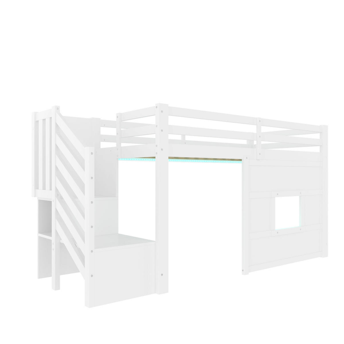 HOCHBETT 90/200 cm mit Stauraumtreppe, Fenster und LED-Beleuchtung aus Kiefer/MDF, Weiß - Weiß, Holzwerkstoff (90/200cm) - Redom
