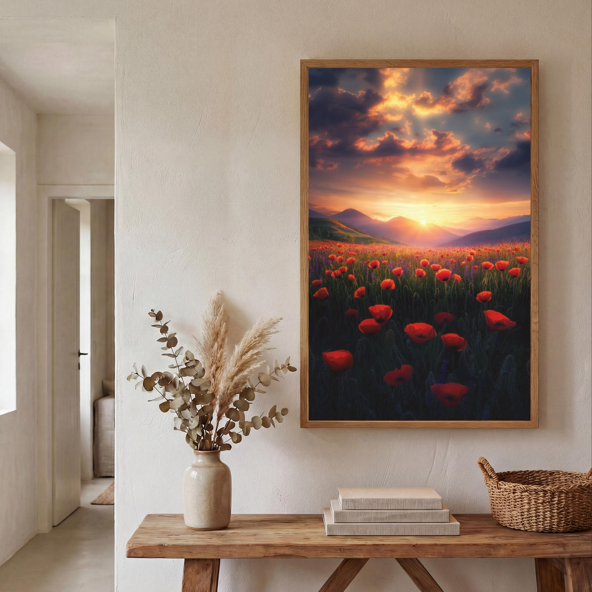 WANDLEUCHTE MIT AKKU Landschaft - Sonnenuntergang - Blumenfeld 70x100 cm - Rot, Holzwerkstoff (70/100/8cm) - OnlyWow