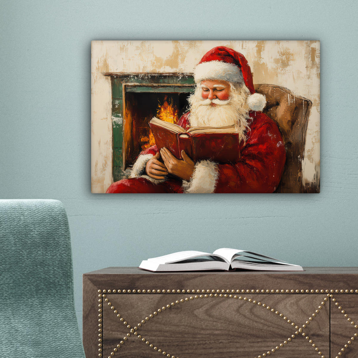 LEINWANDBILD Weihnachten - Weihnachtsmann - Winter - Open Fireside 30x20 cm - Dunkelrot, Textil (30/20cm) - MuchoWow