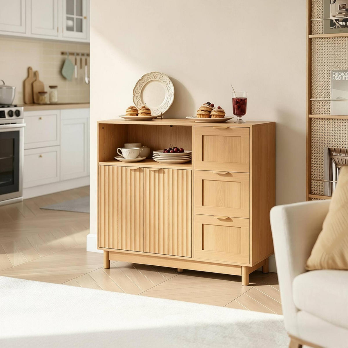 SIDEBOARD aus MDF und Spanplatte 90x35x80 cm in Holzoptik mit 3 Schubladen - Eichefarben, Holzwerkstoff (90/80/35cm) - IVMEU