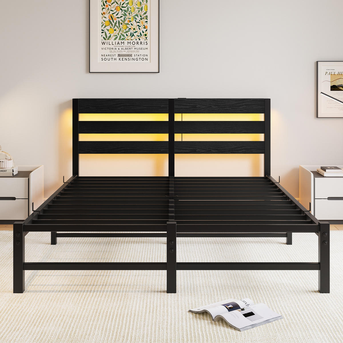 METALLBETT 140x200 cm LED USB Stauraum - Schwarz, Metall (140/200cm) - LEBENLANG