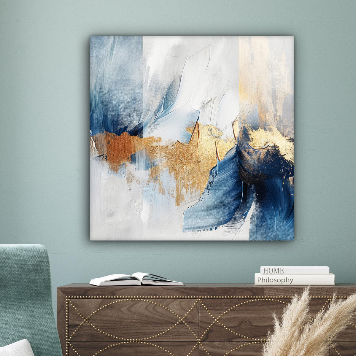LEINWANDBILD Gold - Blau - Aquarell - Kunst - Modern Deko Groß 90x90 cm - Hellblau, Textil (90/90cm) - MuchoWow