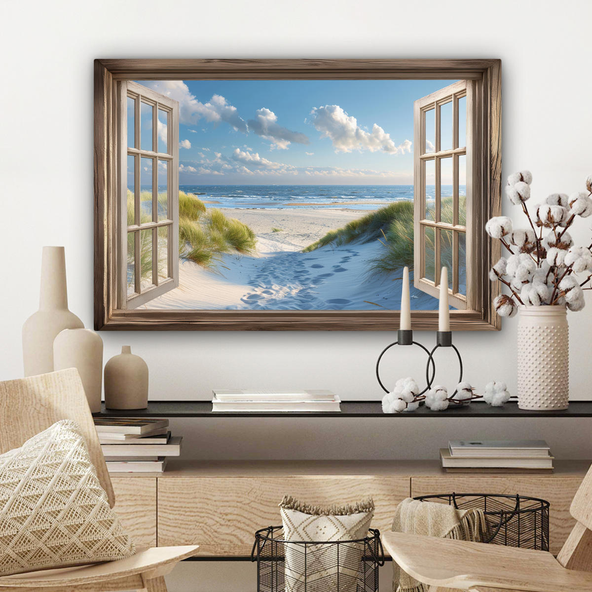 LEINWANDBILD Aussicht - Strand - Fenster - Dünen - Meer Gemälde 60x40 cm - Hellblau, Textil (60/40cm) - MuchoWow