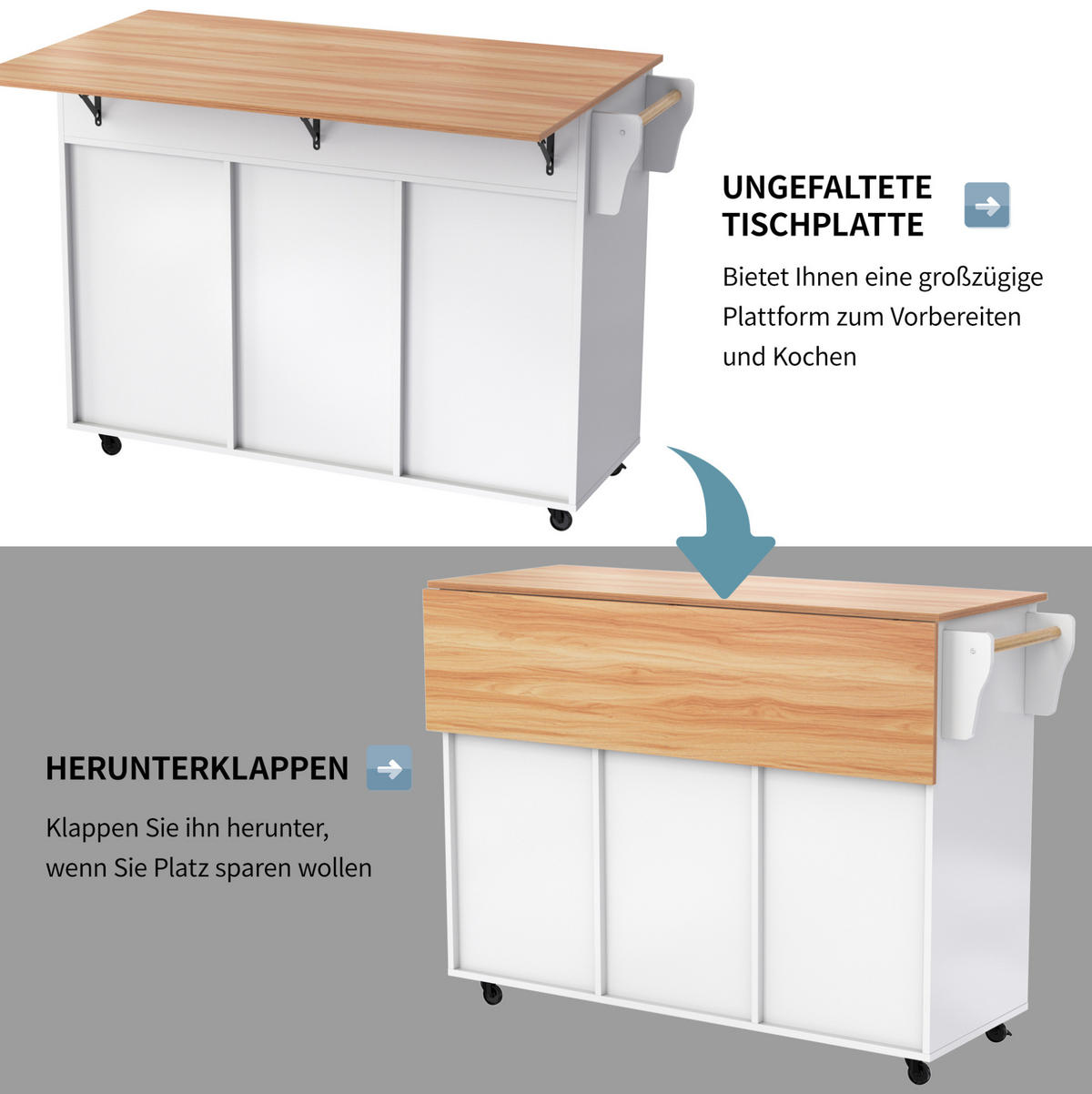 SERVIERWAGEN mit Klapptisch und Stauraum 129 x 71 x 91,5 cm Weiß - Weiß, Holz (46/91.5/120cm) - Beauniv