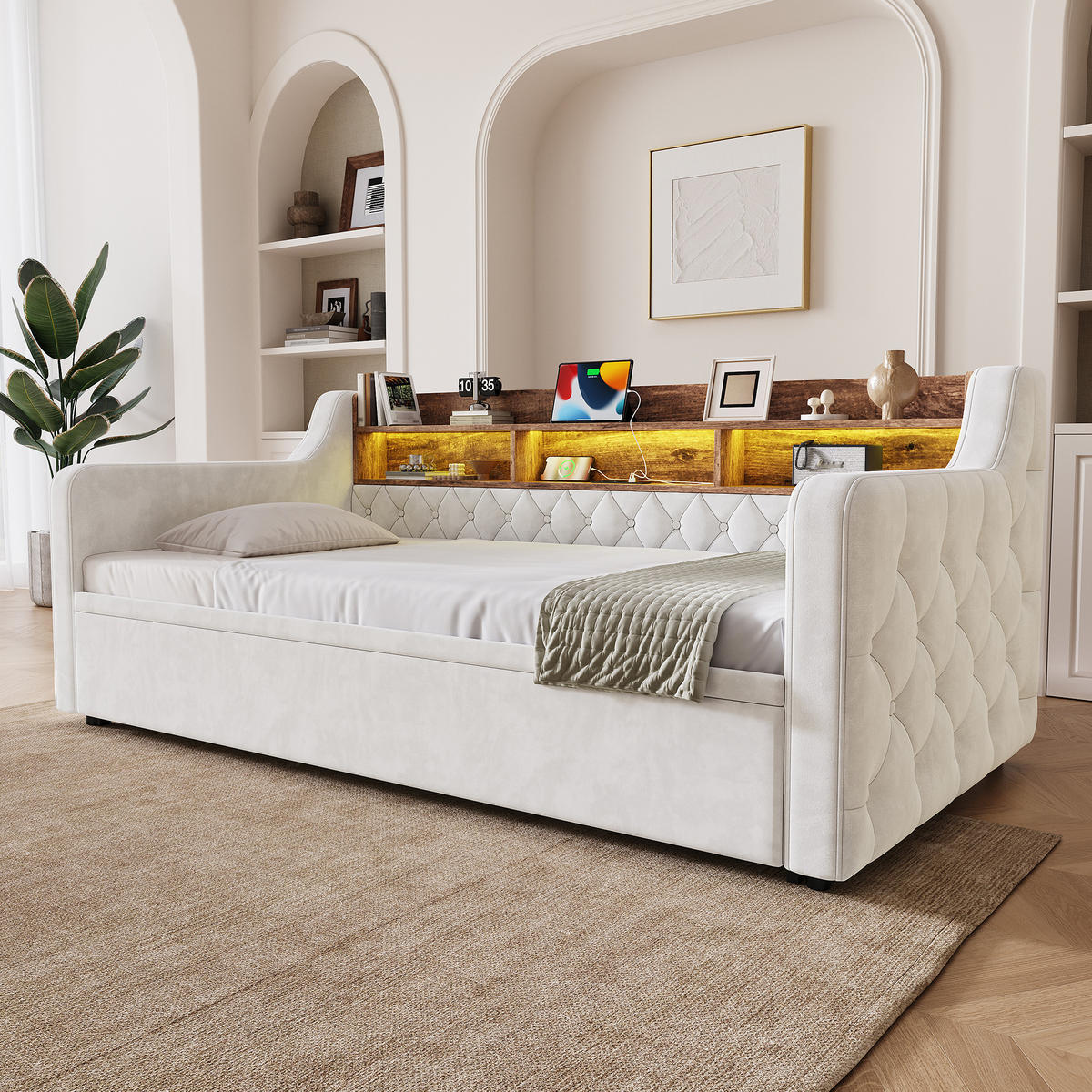 SCHLAFSOFA Beige aus Samt mit Ausziehbett, Stauraumkopfteil, LED und USB-Ladeanschlüssen - Beige, Textil (107/80/201cm) - Luhomfu