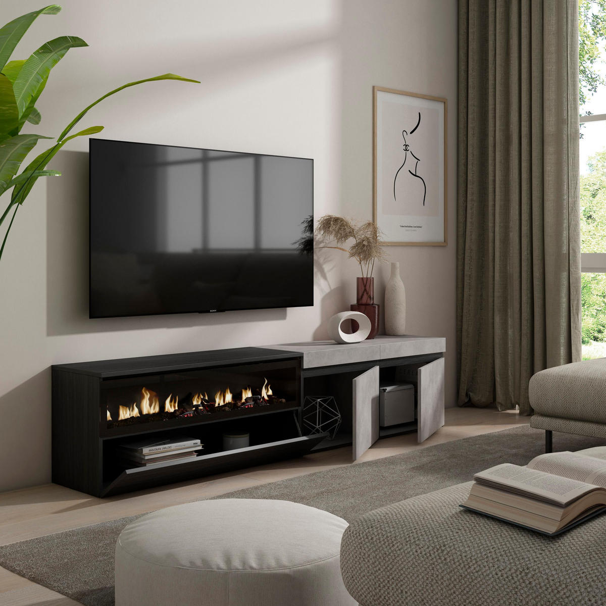 TV-SCHRANK zementgrau, mit Elektrokamin, 200/35/45cm - Hellgrau/Grau, Holzwerkstoff (200/45/35cm) - Skraut Home