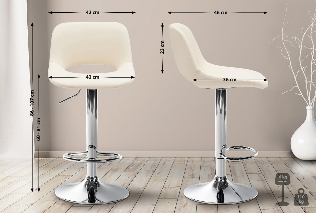 BARHOCKER 2er Set Lederlook creme - Chromfarben/Creme, Textil/Metall (42/86/46cm) - CLP