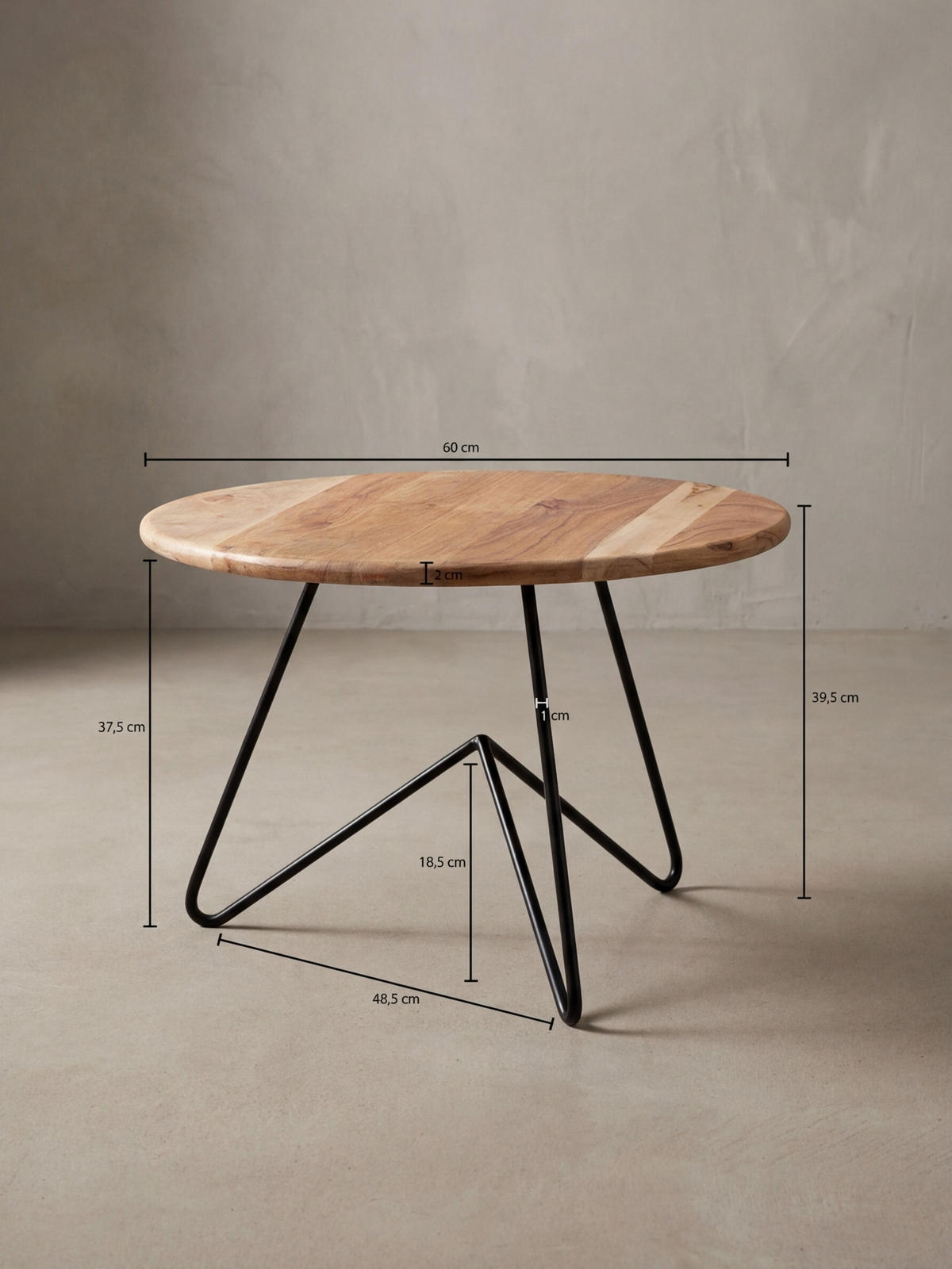 COUCHTISCH Akazienholz mit Haarnadelgestell, Modernes Design, Große Ablagefläche - Beige/Schwarz, Holz/Metall (60/60/39cm) - KADIMA DESIGN