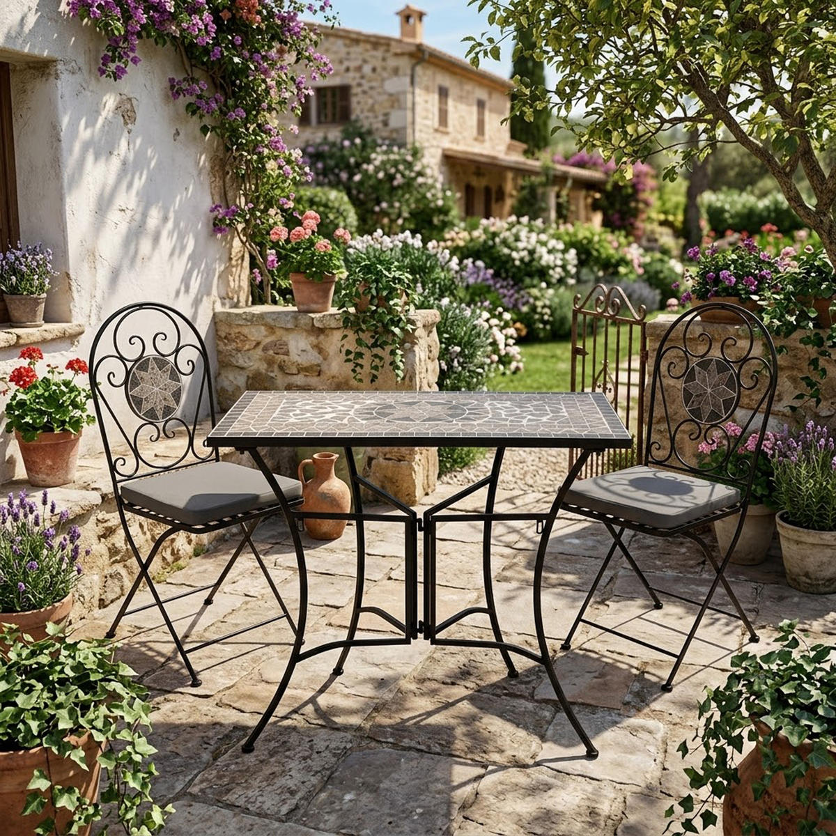 BISTROSET Derby - GartensitzGARTEN-GARNITUR 3-teilig (2x Klappstuhl, 1x Wandtisch 90x45cm rechteckig) - Grau, Metall - TPFGarden