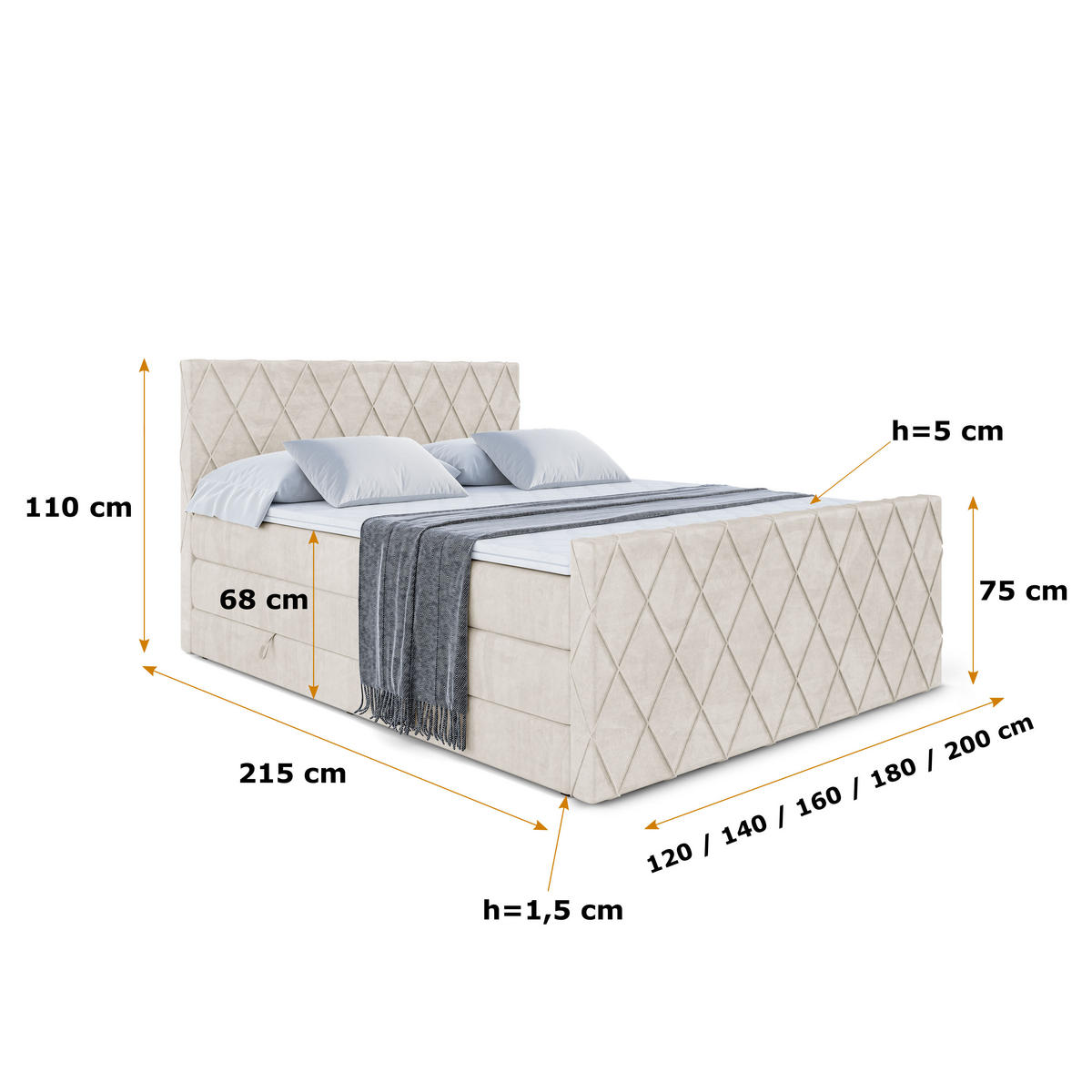 BOXSPRINGBETT LEPARO-Z KING - 160 x 200 - H3/H4 - Ecru - Ecru, Holzwerkstoff (160/200cm) - ALTDECOR