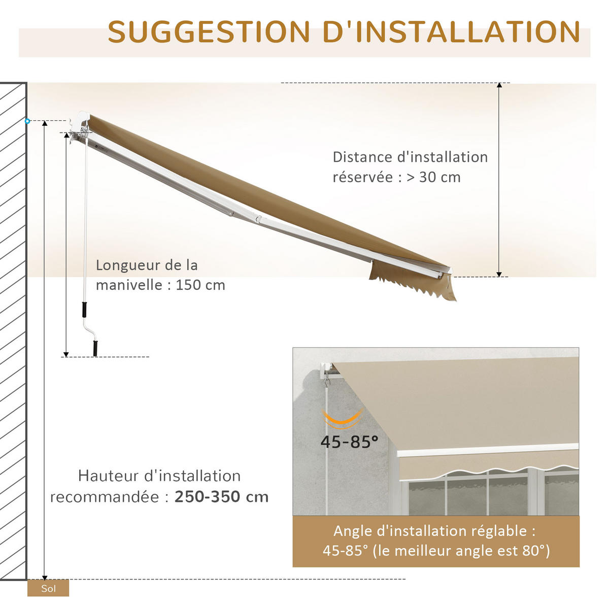 MARKISE DE-13924 manuell 395/245 cm, Winkel 45°-85°, UV-Schutz Beige - Beige, Metall (245/1/395cm) - ComfortXL