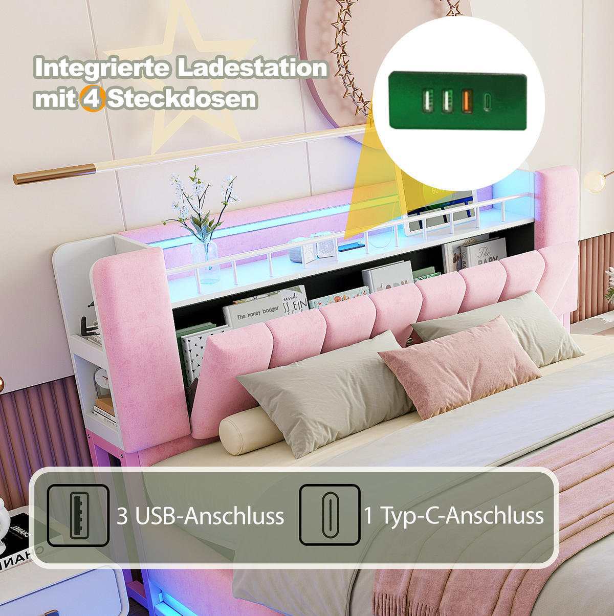 POLSTERBETT aus MDF, Metall und Samt 160x200 cm Rosa mit LED, USB-Anschlüssen und hydraulischem Bettkasten - Pink, Textil (160/200cm) - Modfu