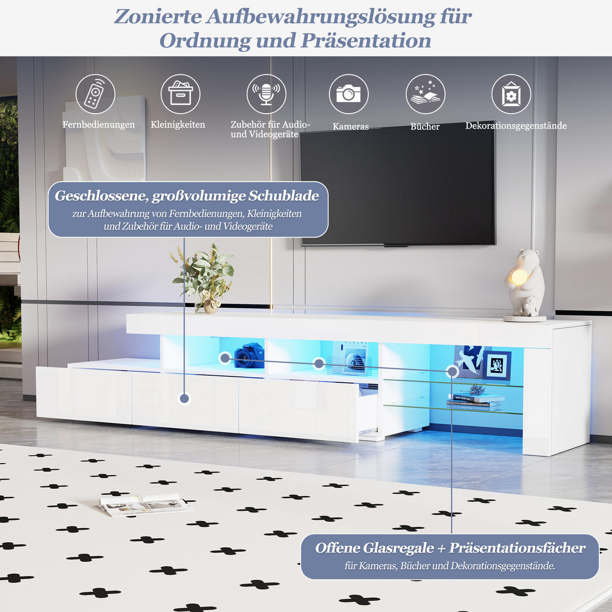 TV-SCHRANK LED Hochglanz 3 Schubladen 180cm Weiß - Weiß, Holzwerkstoff (180/45/35cm) - FLIEKS